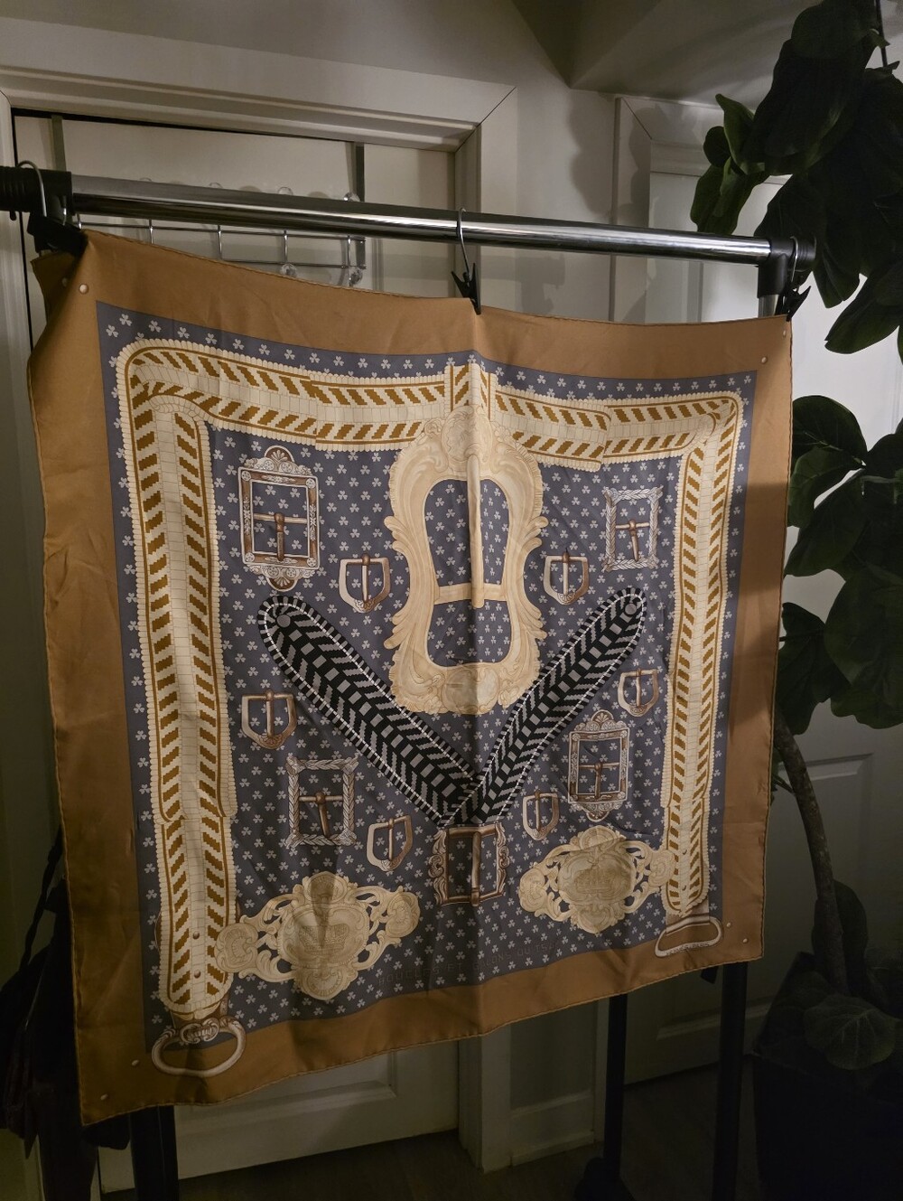 Hermes Tan and Blue Clover Scarf